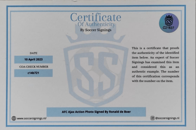 Gesigneerde Foto van Ronald de Boer met Certificaat