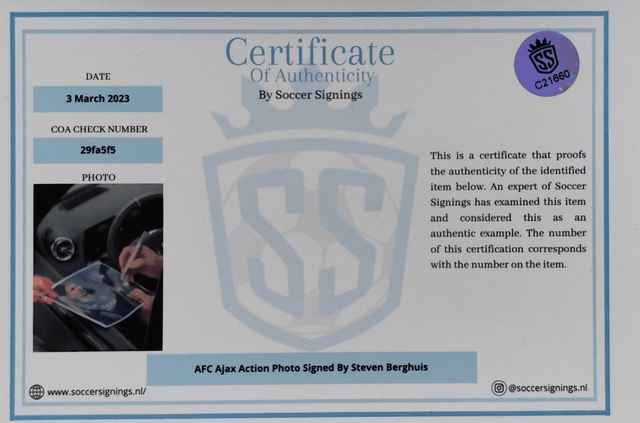 Gesigneerde Foto van Steven Berghuis met Certificaat